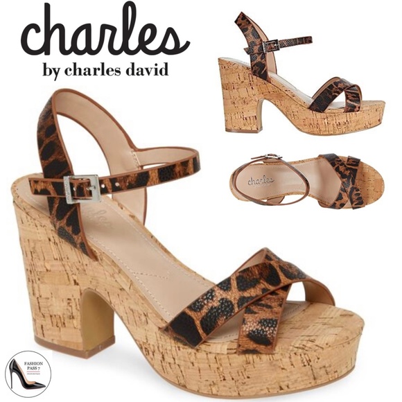 Charles David Shoes - Charles David Departed Leopard Camel Ankle Strap Cork Platform Heels Sandals 8